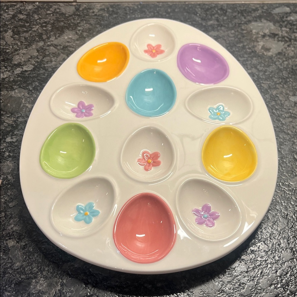 Colorful Egg-Shaped Ceramic Easter egg holder. Display dish. New with tags